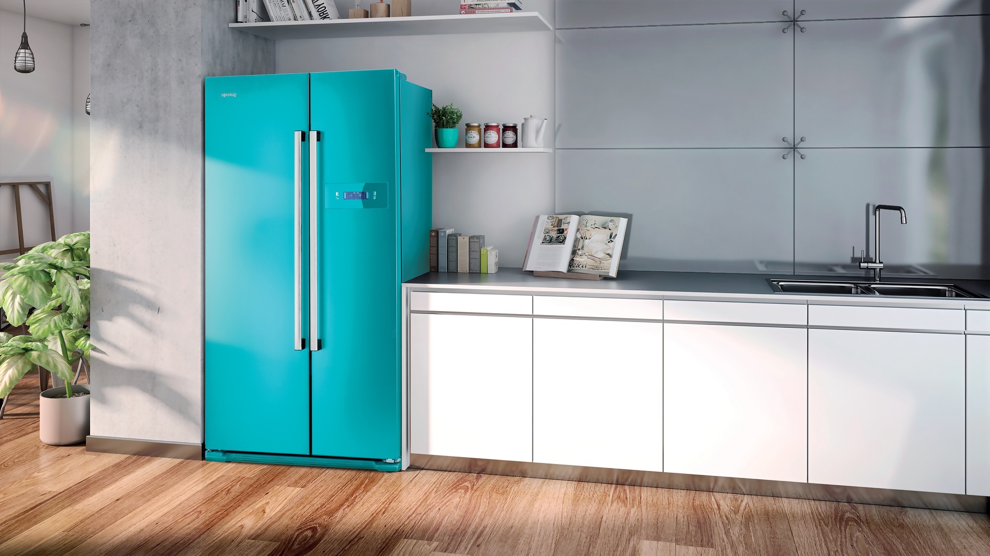 яркий холодильник в интерьере кухни
